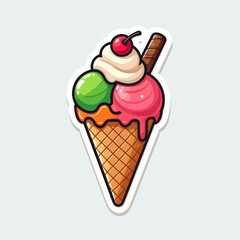 A colorful illustration of an ice cream cone with multiple scoops and toppings.