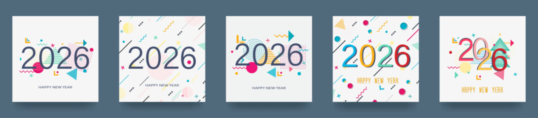 Obraz premium A set of Christmas and New Year cards in muted, festive colors. Illustrations for backgrounds, greeting cards, party invitations, banners, and social media. geometric shapes