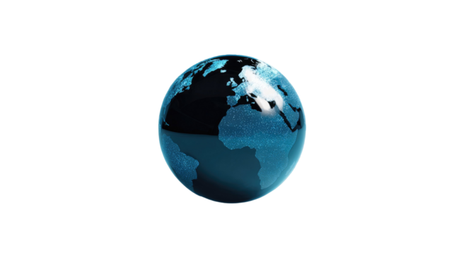 A black globe centered on a light blue background, modern world map sphere symbolizing global connection, unity and technology concept - Powered by Adobe