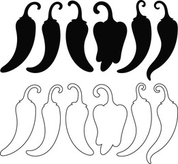 Chili pepper silhouette and outline for coloring design graphic art
