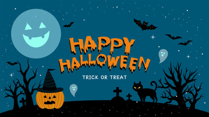 Halloweenthemed emotional illustration. Web Banner CARD BANNER with pumpkins and bats on  background cute for festive holiday invitations