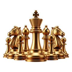 Golden chess pieces arranged for a strategic game, symbolizing leadership and intellect