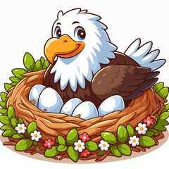 Cartoon eagle sitting in a nest with eggs, surrounded by flowers and leaves.