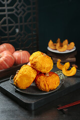 Fresh Roasted Chestnuts and Pumpkin Slices - Golden Autumn Harvest Ingredients
