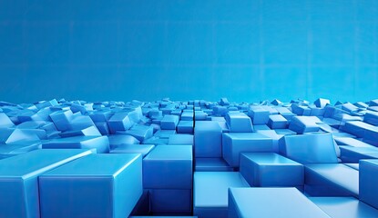 Obraz premium Abstract blue background with geometric cubes arranged in a wave-like pattern, gradient sky above