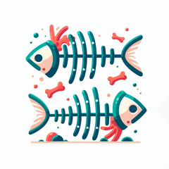 Two stylized fish skeletons with small bones and red splashes, presented in a flat design style.
