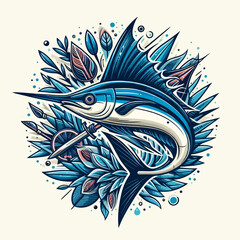 A vibrant illustration of a marlin fish, surrounded by stylized aquatic plants and decorative elements.