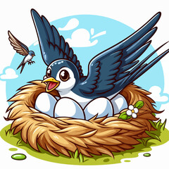 A happy cartoon mother swallow bird sitting on her nest full of white eggs while another bird flies in the background.