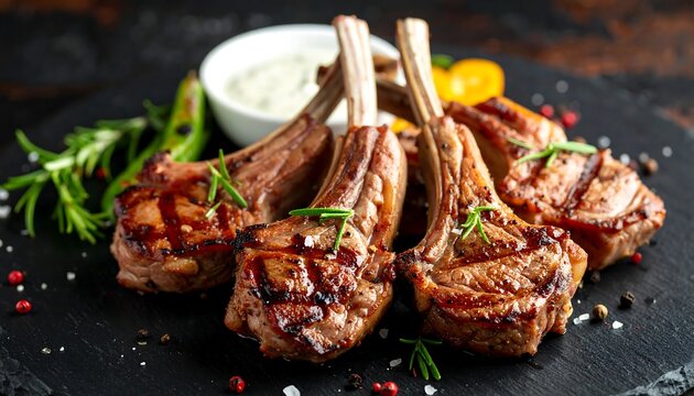 A close-up shot features seared lamb chops, garnished with rosemary, next to a dipping sauce, peppers, and seasoning