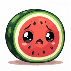 Obraz premium Cute cartoon slice of watermelon with sad expression and big eyes. This unhappy fruit character has green rind, red flesh and black seeds. Digital art style.