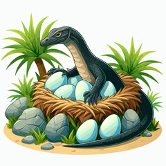A cartoon illustration of a lizard sitting in a nest with several eggs.