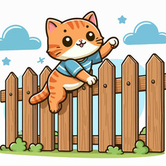 A cute cartoon orange tabby cat wearing a blue shirt is climbing over a wooden fence on a sunny day.