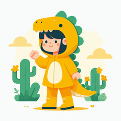 Cute cartoon child in a yellow dinosaur costume standing in a desert landscape with cacti and clouds, a cheerful and playful illustration.