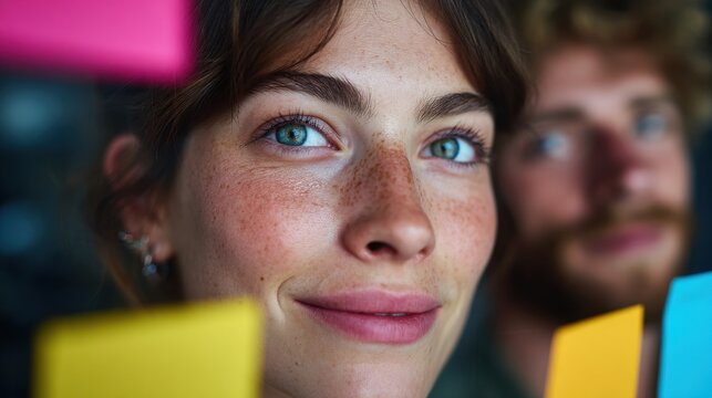 Collaboration Theme: Team of young professionals brainstorming with sticky notes in glass meeting room  
