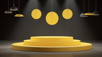 A minimalist gold stage under focused spotlights with three hanging circular objects