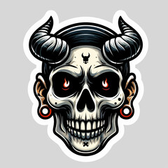 Illustration of a skull with horns and red eyes on a gray background.