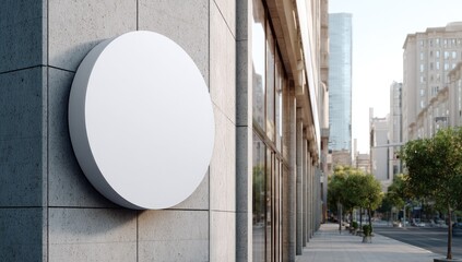 Blank round sign affixed to a building exterior with blurred urban background under sunny sky