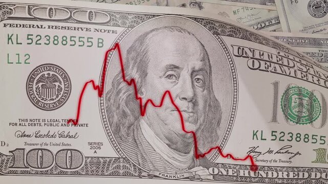 Weak Economy or Business Struggle, Red line graph showing a negative forecast or development layered on top of one hundred dollar bills. 