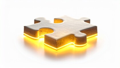 Golden glowing puzzle piece isolated on white background, symbolizing teamwork, problem solving, leadership, innovation, success, and connection in business and personal growth concept.