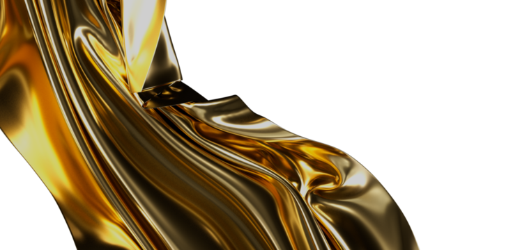 Close-up of lustrous golden fabric gracefully flowing against a bright white background. Perfect for luxury concepts, fashion backgrounds, or el