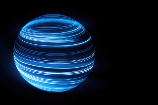 Illuminated blue orb against a stark black background, showcasing light streaks
