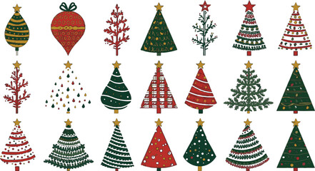 A festive collection of highly detailed Christmas and New Year vector illustrations, including decorated trees, Santa Claus, reindeer, winter scenes, and holiday decorative elements suitable for greet