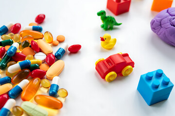 Colorful assortment of pills and capsules next to children's toys, highlighting the danger of accidental ingestion and medication safety for kids