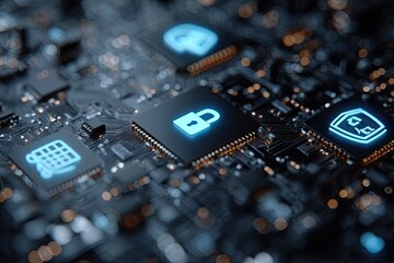 Digital circuits with luminous icons representing data security and processing