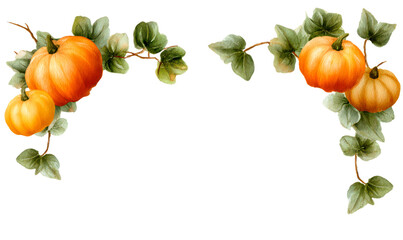 Watercolor of Pumpkin Vine Clipart with Leaf Border Design Isolate on Transparent Background, cutout, png
