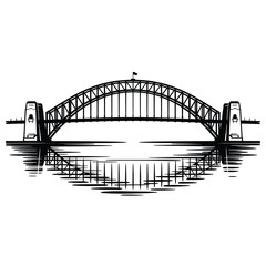 Black and white sketch of a large arch bridge reflected in water