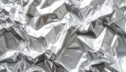Flat lay background of aluminum foil surface, crinkled and highly reflective metallic texture with sharp folds and shimmering highlights