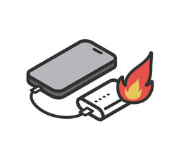 充電中のモバイルバッテリーと携帯　発火事故のアイコンイラスト