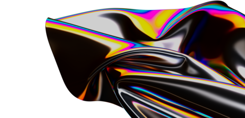 An artistic composition showcasing a reflective iridescent surface with dynamic waves. Displaying holographic colors, it creates a futuristic an