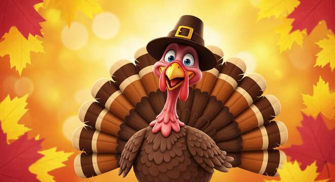 Cartoon turkey wearing pilgrim hat, autumn leaves background Thanksgiving design, cheerful and festive illustration, perfect for holiday greetings or seasonal promotions