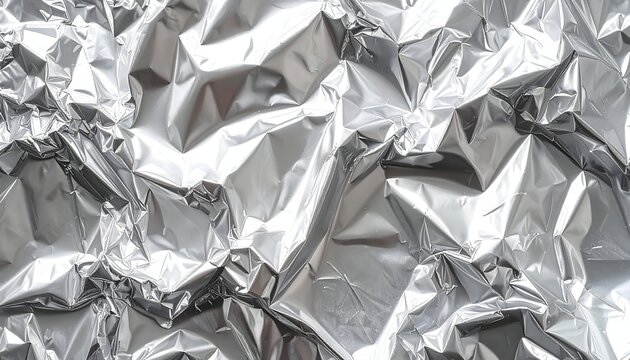 Flat lay background of aluminum foil surface, crinkled and highly reflective metallic texture with sharp folds and shimmering highlights - Powered by Adobe