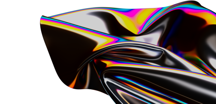 An artistic composition showcasing a reflective iridescent surface with dynamic waves. Displaying holographic colors, it creates a futuristic an