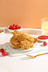 Crispy Korean Fried Chicken Thighs with Cherry Tomatoes and Sauce on White Plate Food Photography