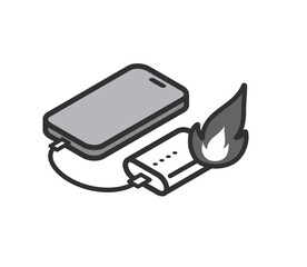 充電中のモバイルバッテリーと携帯　発火事故のアイコンイラスト