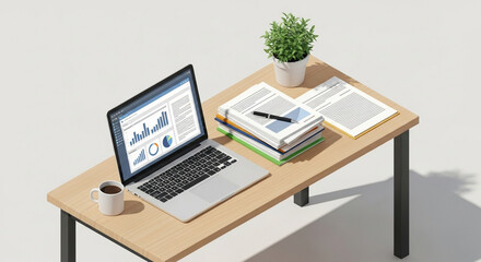 Overhead view of a laptop displaying charts, stacks of documents, a pen, a plant, and coffee cup on a wooden desk, isolated on white background