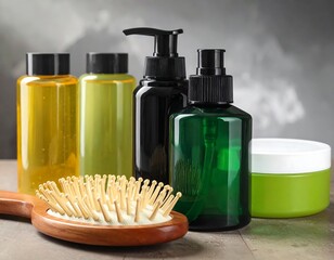 Hair Care Products and Brush on Tabletop.