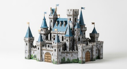 Naklejka premium Detailed Blue and Gray Castle Model with Towers and Drawbridges for Kids Play or Decorative Display