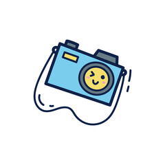 Cute Blue Cartoon Camera With A Yellow Smiling Face And Winking Eye And A Black Strap On A White Background Travel Doodle Art