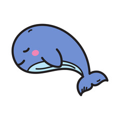 Cute blue cartoon whale with eyes closed and pink cheeks sleeping peacefully on a transparent background