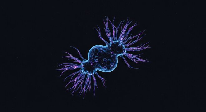 Dividing cell illustration on a dark background; cellular division