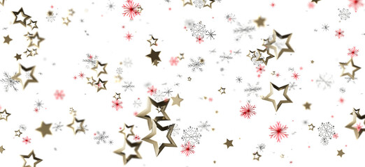 Festive Christmas illustration of golden stars and snowflakes on a white background. Perfect for holiday designs and greetings, evoking joy and