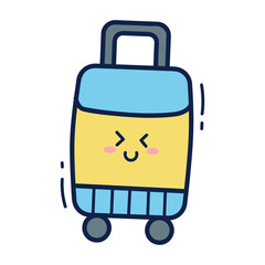 Cute Cartoon Blue And Yellow Rolling Suitcase With Happy Face And Blinking Eyes On Transparent Background
