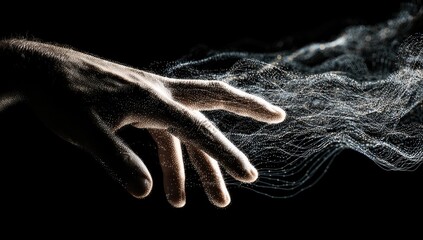 Digitally created image of hand reaching out, particles flowing, with dark background