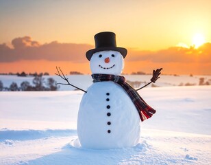 Obraz premium A cheerful snowman, top hat and scarf, stands in a snow-covered field against a warm sunset. Trees and clouds in the background