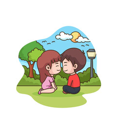 Cute cartoon couple sharing a sweet moment in a sunny park with green trees and a lamp post on a clear day