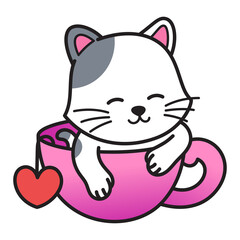 Cute Cartoon Cat Resting in a Pink Coffee Mug with a Red Heart Accent Transparent Background Adorable Pet Illustration